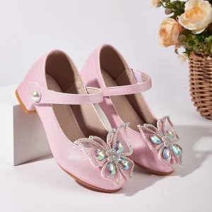 Spring New Shoes for Girls with Princess Style Crystal Diamond Butterfly Bow High Heels PU Shoes