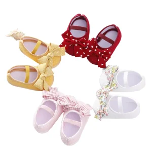 Spring Newborn 0-6-9 Months Little Baby Girl Shoes Kid Light Weight Soft Soled Princess Toddler Shoes Hairband Set Girls