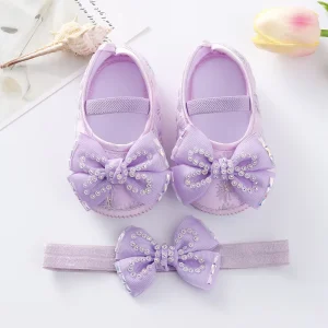 Spring Newborn Baby Shoes 0 6 9 Months Infant Girls Shoes Birthday Party Princess Soft Sole Walking Shoes INS With Hairband Set