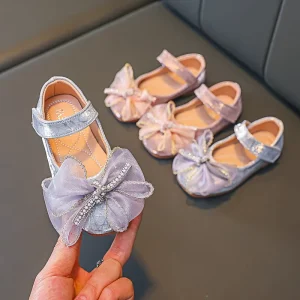 Spring Shining Shallow Mouth Bow knot Decorate Shoes Kids PU Leather Non slip Silver Pink Toddler Baby Girls Dress Shoes
