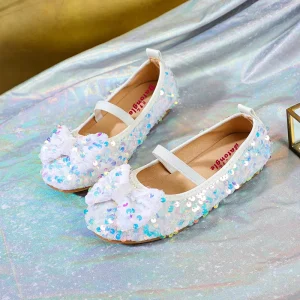 Spring Summer Bow Princess Performance Dance Breathable Light Weight Leather Flat Shoes For Little Girls Children