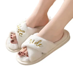 Spring Wedding Slippers for Bridesmaids and Groomsmen Soft Plush Fur Style with EVA Midsole and Printed Design