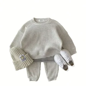 Spring and Autumn Infant Solid Colour Casual Suit Cotton Boys Girls Tops Pants 2 Pieces Set Fashion Baby Clothes