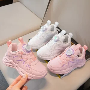 Spring and Autumn New Style Sports Shoes White Rotating Button Big Kids Casual Children’s Shoes