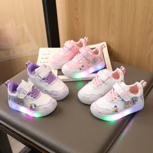 Spring and Autumn Princess Sports Shoes PU Leather LED Light Children’s Shoes Kids Casual Shoes