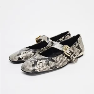 Spring and Autumn Square Snake Print Mary Jane Pumps Women’s Ballet Flats