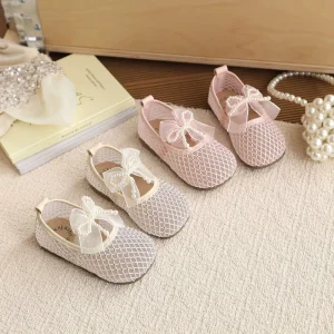 Spring and Summer Bow Children Princess Shoes Flat Bottomed Breathable Lace Girls Mesh Sandals