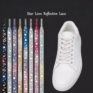 Star Heart Reflective Polyester Shoelaces Night Safety Flat Design for Sneakers Fashion Decorative Men Women Kids
