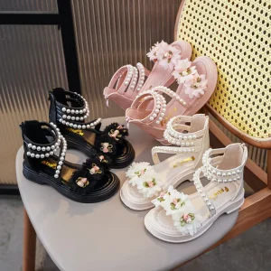 Student Beach Shoes Soft Sole Flat Heel Princess Shoes Open Toe Children’s Sandals Summer Pearl Flower Girls’ Sandals