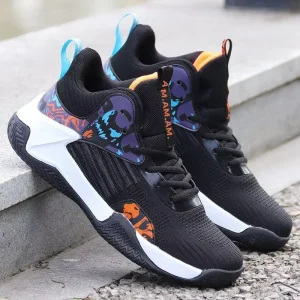 Student Boys’ Basketball Training Shoes Mid-High Top Breathable Thick Sole Sports Shoes for Teens