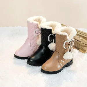 Student Children’s Plush Boots Winter Warm Kids Snow Boots Non Slip Waterproof Pu Leather Snow Boots for Kids