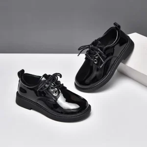 Stylish Girls Black Lace Up School Shoes Anti Slip Sole Kids Student Uniform Dress Shoes