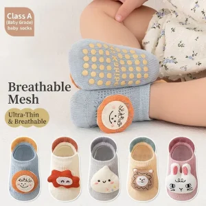 Summer Baby Crew Mesh Ankle Socks with Cartoon 3D Plush Toy Dolls Breathable Non Slip Soft Cotton Slipper Socks Back Heel Tabs