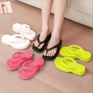 Summer Beach Women’s EVA Thick Bottom Head Square Heel Light Weight Breathable Massage Flip flops Casual Candy Color Outdoor