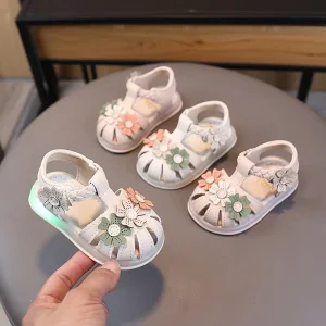 Summer Bright Light up Baby Toddler Learning Shoes for 1 2 Year Olds Princess Shoes with Toe Caps Anti kick Flower Sandals