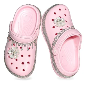 Summer Children’s Glitter EVA Clogs with Crystal Flower Charms Pearl Accent Straps Non Slip Lightweight Garden Shoes for Girls