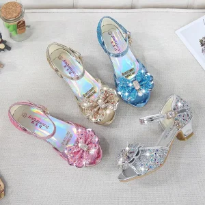 Summer Dress Shoes Girls Thin Heels Closed Toe Children’s Princess Sandals with Bow Crystal Strap Super High Heel Outdoor Type