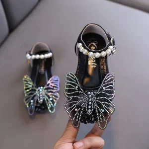 Summer Dress Shoes for Girls Asian Style Korean Rhinestone Butterfly Print Black Slip On Sandals Children’s Fashion