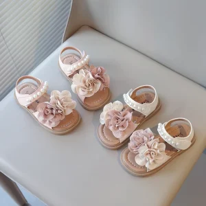 Summer Exquisite Elegant Comfortable Kids Sandals Girls Non-Slip Soft Delicate Pearl Florals Sweet Children’s Princess Sandals