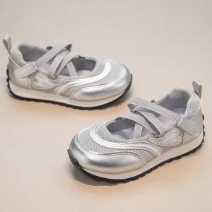 Summer Flat Ballerina Kids Girl Silver Dress Shoes for Princess Mary Jane Sports