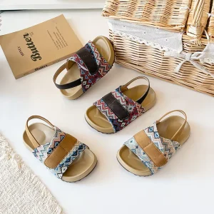 Summer Girls’ Boys’ Children’s Bohemian Style Linen Cork Casual Ankle Velcro Closure Rubber Outsole Sandals