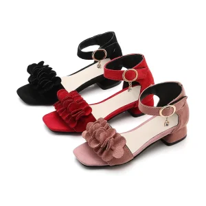Summer Girl’s Casual Sandals Low Heel Shoes Solid Color Ankle Strap 3D Flowers Girls Formal Sandals Kids Shoes for Party
