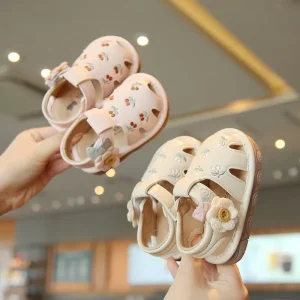 Summer Infant Girls’ Baby Toddler Shoes Hollow-out Sandals Breathable Soft-soled Closed-toe PU Upper Velcro Closure Anti-Slip