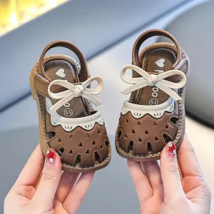 Summer Infant Princess Baby Shoes Girls Breathable Closed Toe Sandals Soft Non Slip Rubber Sole Toddler Hollow Design Slippers