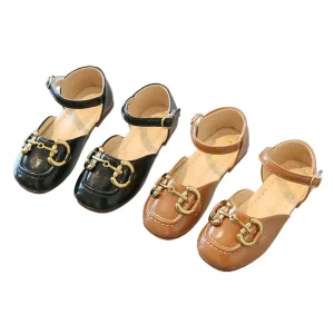 Summer Kids’ Sandals Toe Tight Side Hollowing Non-Slip Flat Soft Soled Metal Decoration Velcro Design Girls