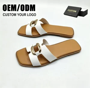 Summer Latest Designs Ladies PU Upper Metal Chain Square Toes Slides Slippers Casual Beach Flat Sandals