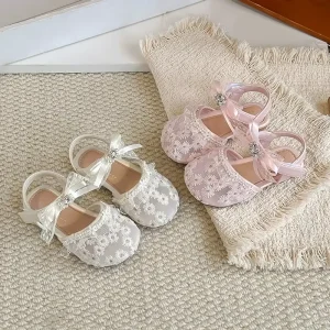 Summer Mesh Kids Princess Causal Dress Shoes Fashion Bowtie Children’s Wedding Shoes Outdoor