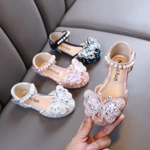 Summer New Baby Girls Party Shoes Fashion Princess Rhinestone butterfly and Pearl Shoes Children Soft Cute Shiny Shoes Kids