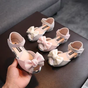 Summer New Children’s Sandals Girls’ Princess Shoes Diamond Ribbon Bow Soft Soled Dance Shoes
