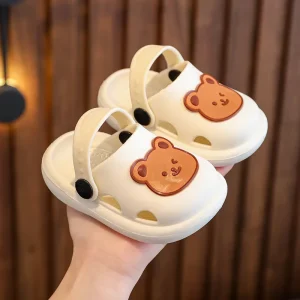 Summer New Cute Bear Printed Children’s Slippers Breathable PVC Lining Non Slip Home Bathroom Shoes for Boys and Baby Girls