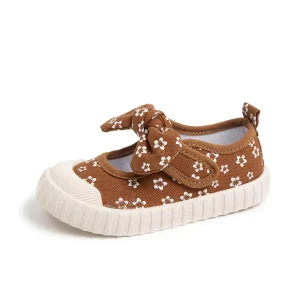 Summer New Design Bow Fragmented Canvas Flat Bottom Breathable Floral Print Princess Shoes Girls Spring Autumn Baby Children’s