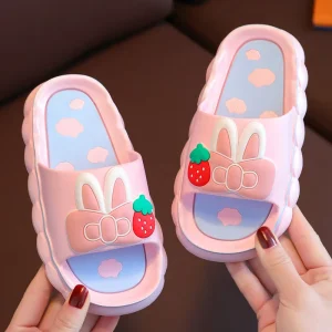 Summer New Girl Baby Cartoon Bow Non Slip Soft Bottom Indoor Home Slippers with One Line Dragging