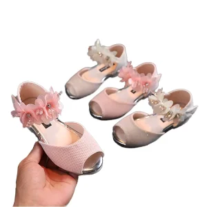 Summer New Girls’ Rhinestone Flower Peep Toe Sandals Princess Dance Shoes Toddler Kids Soft Sole Breathable Buckle Strap Closure