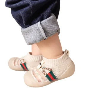 Summer Newborn Baby Crib Shoes Breathable Mesh Cotton Knitted Prewalker Non Slip Rubber Sole Infant Shoes