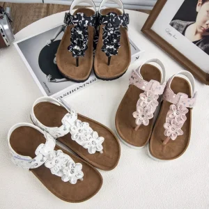 Summer Outdoor Cork Sole Thong Sandals with Floral Design Child Size 25-36 Student Beach Sandals