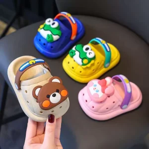 Summer Unisex Outdoor Children’s Slippers Non-slip Soft Sole Cute Cartoon Baby Hole Shoes Cotton Lining PU & Rubber Slip-On