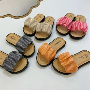 Summer Women Comfortable Flat Sandals Custom Children’s Non Slip Glitter Cloth Outdoor Slippers Kids Shoes