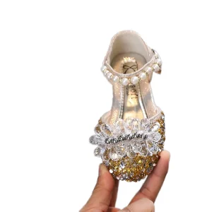 Sweet Girl Princess Retro Style Dance Shoes with Rhinestone Pearl Bow Fashionable Kids Party Shoes for Summer and Autumn
