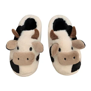 TCXW072307 Girls’ Indoor/Outdoor Cute Cartoon Cow Cotton Slippers Women’s Winter Fuzzy Plush Household Kids Cotton-Padded Shoes