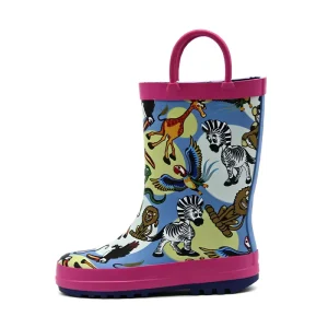 Toddler Cute Full Print Zoo Animal Rubber Rain Boots Soft Rubber Anti Slip Thick Sole Children Wellies Dual Easy Grip Handles