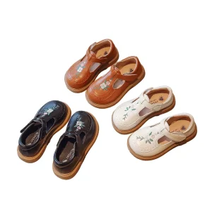 Toddler Girls Casual Loafer Shoes Comfortable T shaped with Antislip Design Retro Princess Embroidery for Spring and Autumn