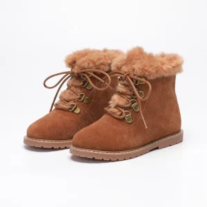 Toddler Girls Leather Suede Plush Trimmed Warm Winter Lace Up Ankle Boots for Kids