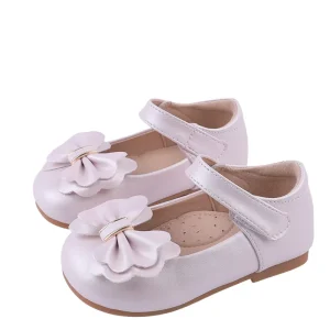 Toddler Girls Light Pink Pearl Leather Bow Mary Jane Flats Hook Loop Party Shoes