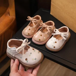 Toddler Girl’s Mary Janes Flower Vintage Ruffles Beige Brown Kids Leather Shoe Shallow All match Spring Daily Children Shoe16 20