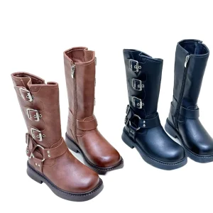 Toddler Kid Youth Girl’s Low Heel Zipper Buckle Round Toe Riding Boot Children Autumn Knee High Short Boots Boy Shoes