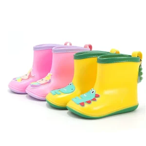 Toddler Kids Unisex Waterproof Flat Jelly Rain Boots Cute Patches Decorations Soft Rubber PVC Anti-Slip Lightweight Outdoor Boot